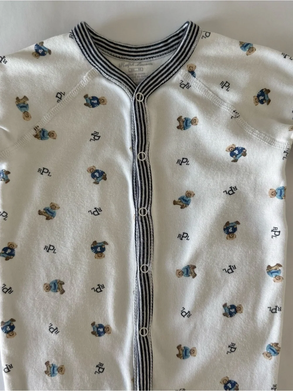 Ralph Lauren Baby Boy Polo Bear Cotton Footed Pajamas Blue/White OnePiece 3-6 Mo